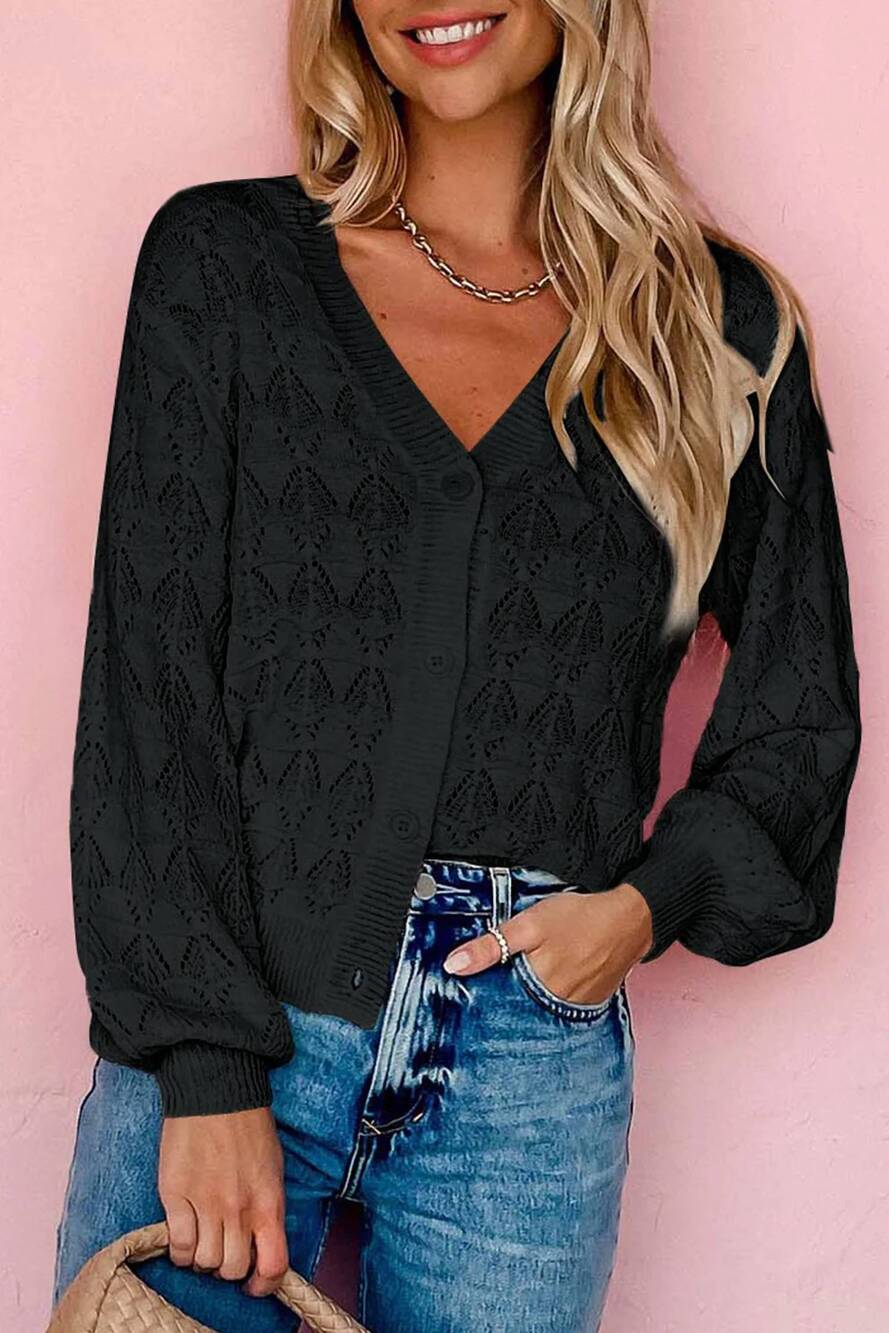 NEW SHEWIN open knit button-up cardigan in black
